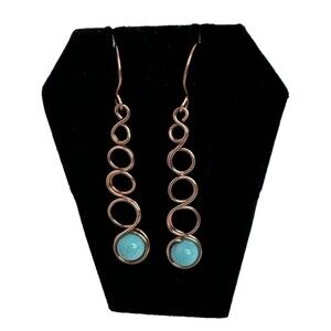 Copper Dangle Earrings With Round Turquoise Beads One of a Kind Celtic Link